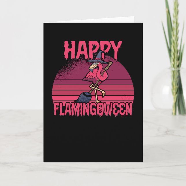 Carte Halloween Flamingoween Flamant rose Sorcière salle (Devant)