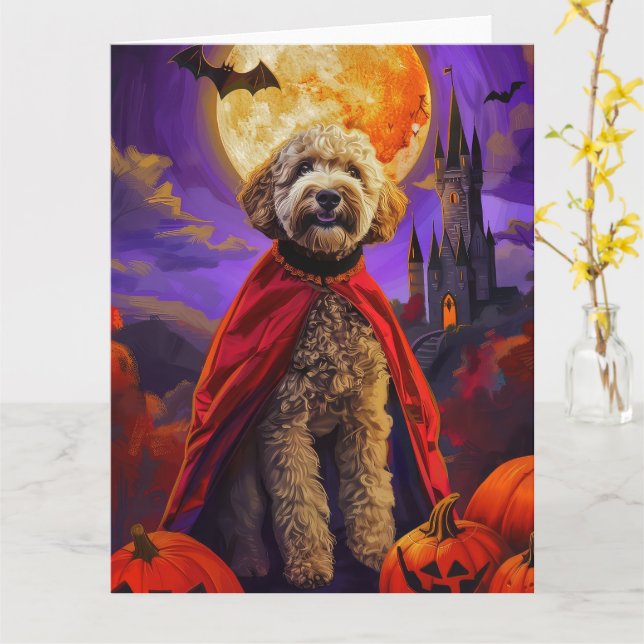 Carte Halloween Goldendoodle Vampire Citrouilles effroi (Fleur jaune)