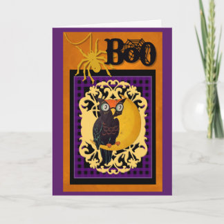 Carte Halloween hibou vintage. Boo, violet, orange