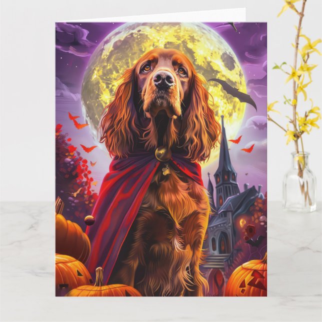 Carte Halloween Irish Red Setter Vampire Citrouilles eff (Fleur jaune)