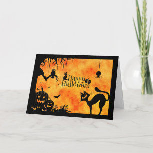 Carte Halloween joyeux Silhouette Chat noir et amis
