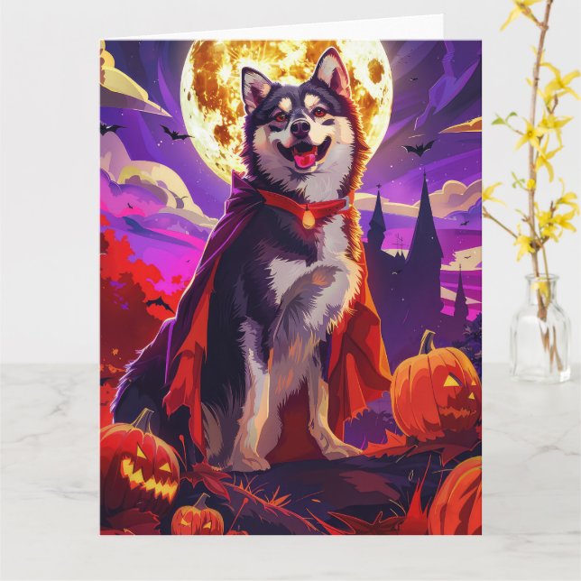 Carte Halloween Lapphund finlandais Vampire Citrouilles  (Fleur jaune)