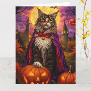 Carte Halloween Maine Coon Cat Vampire Citrouilles effro