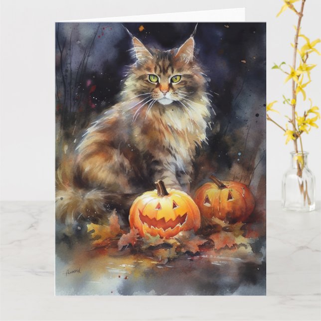 Carte Halloween Maine Coon Chat Avec Crainte Citrouille (Fleur jaune)