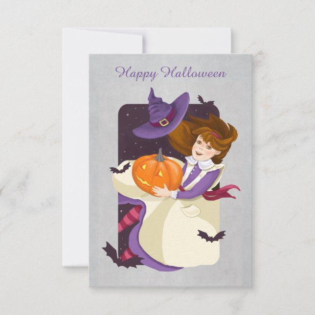 Carte Halloween mignonne sorcière avec Citrouille (Devant)