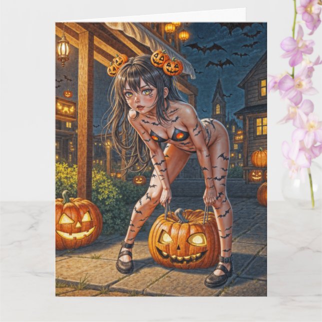Carte Halloween Monster Jack-o-Lantern & Bat Vixen Girl (Orchidée)