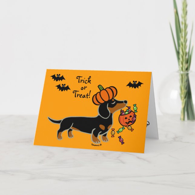 Carte Halloween noir et tan lisse Haired Dachshund (Devant)