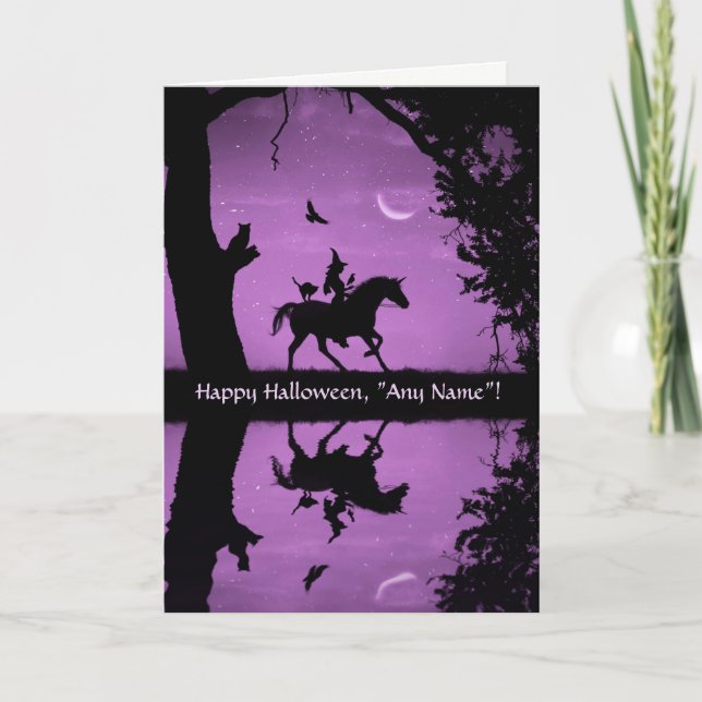 Carte Halloween Nom personnalisé Fun Witch et Unicorn (Devant)