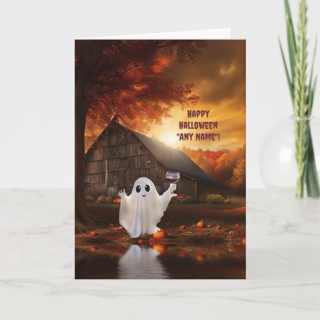 Carte Halloween Nom personnalisé mignon fantôme avec vin (Devant)