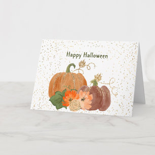 Carte Halloween Orange Fleurs Citrouilles Or