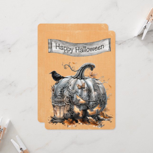 Carte Halloween Ornate Steampunk Gris Citrouille (Devant/Arrière en situation)
