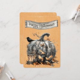 Carte Halloween Ornate Steampunk Gris Citrouille