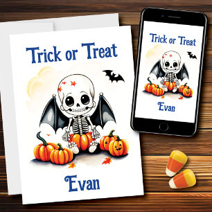 Carte Halloween Petit Squelette Bats Tricot ou Treat