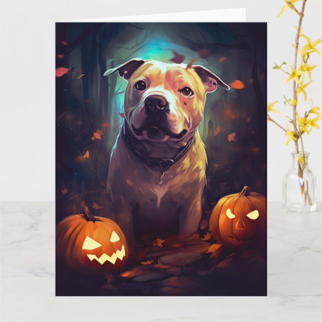 Carte Halloween Pitbull avec la peur Citrouille (Fleur jaune)