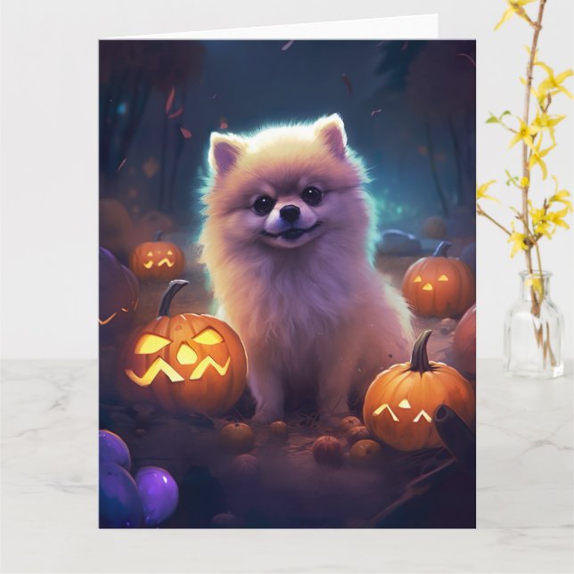 Carte Halloween Poméranien Avec La Peur Citrouille (Fleur jaune)