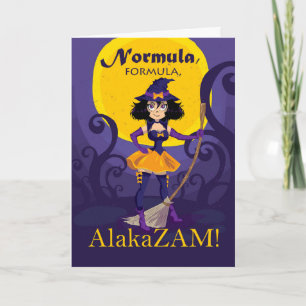 Carte Halloween pour mari, sorcière mignonne avec sort