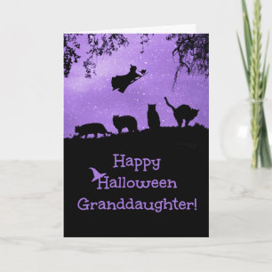 Carte Halloween pour petite fille avec chats et sorcière