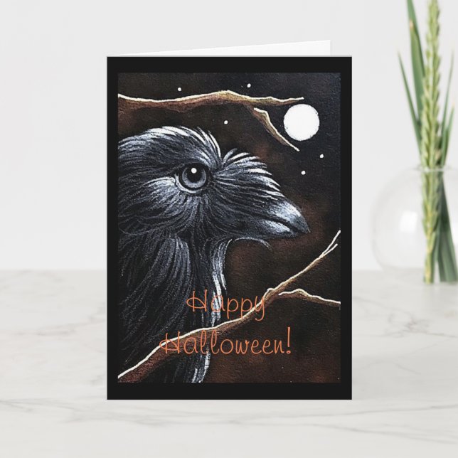 CARTE HALLOWEEN RAVEN CROW ET FULL MOON (Devant)