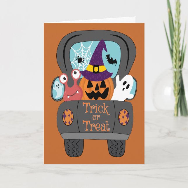 Carte Halloween Retro Truck Truck ou Treat Monsters (Devant)