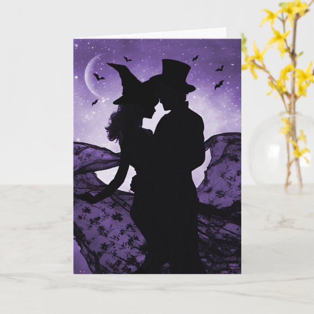 Carte Halloween Romance Love Silhouetté Couple et chauve (Fleur jaune)