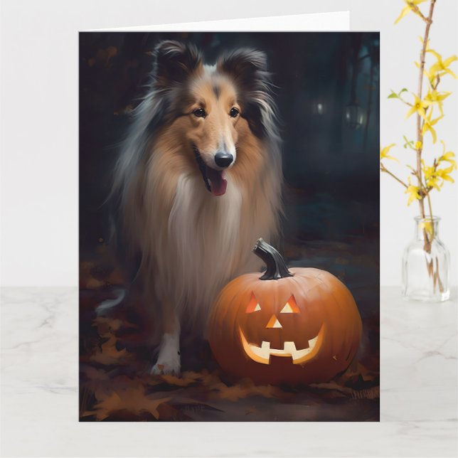Carte Halloween Rough Collie Avec Citrouille effroi (Fleur jaune)
