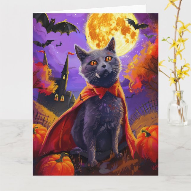 Carte Halloween Russe Bleu Chat Vampire Citrouilles effr (Fleur jaune)