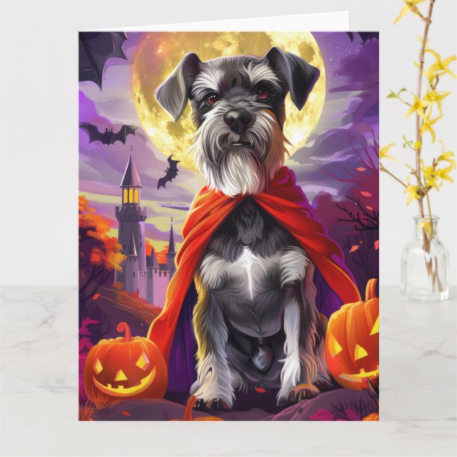 Carte Halloween Schnauzer Vampire Citrouilles peur (Fleur jaune)