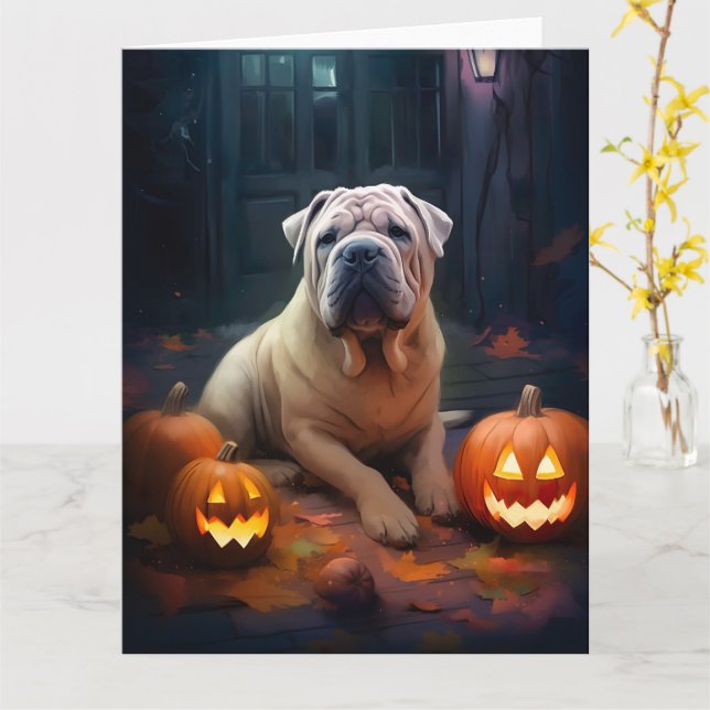 Carte Halloween Shar Pei Avec La Peur Citrouille (Fleur jaune)