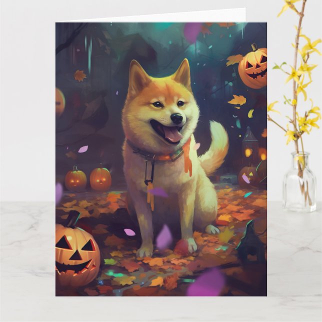 Carte Halloween Shiba Inu Avec La Peur Citrouille (Fleur jaune)