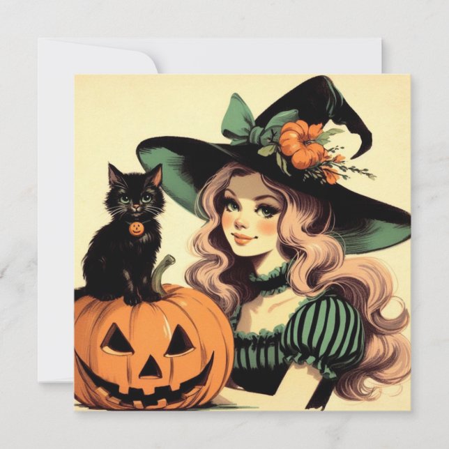 Carte Halloween sorcière avec chat noir et Jack-o-lanter (Devant)