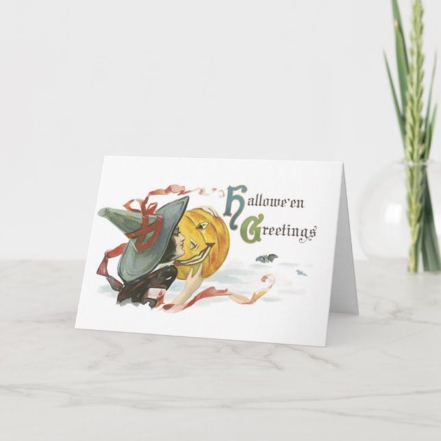 Carte Halloween, sorcière et Jack-o'-lanterne (Devant)