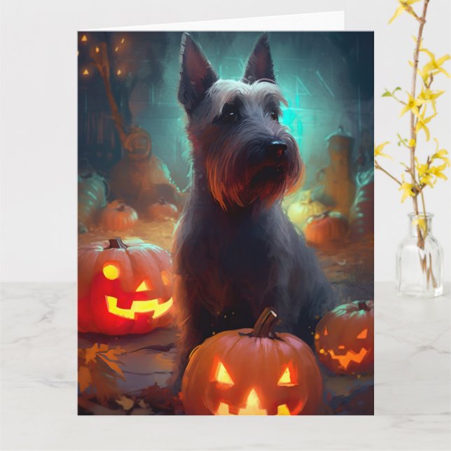 Carte Halloween Terrier écossais avec la peur Citrouille (Fleur jaune)