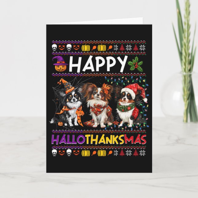 Carte Halloween Thanksgiving Christmas Ugly Papillon Dog (Devant)