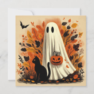 Carte Halloween Trick or Treating Fantôme et Chat Noir