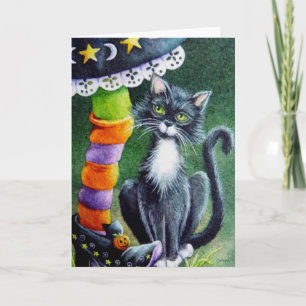 Carte Halloween Tuxedo Chat & Witch Aquarelle Art