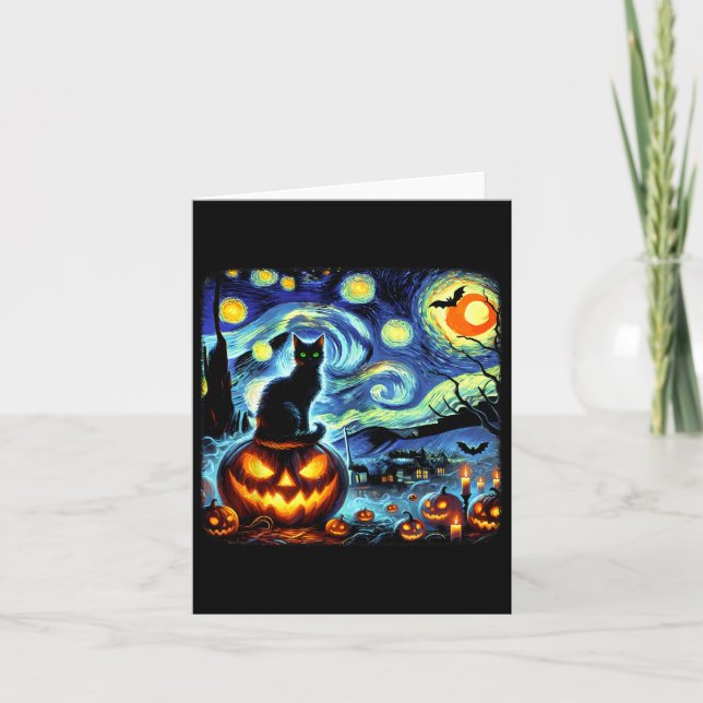 Carte Halloween Van Gogh Starry Night Chat noir Citrouil (Devant)