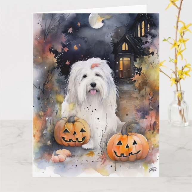 Carte Halloween vieux chien anglais avec la peur Citroui (Fleur jaune)
