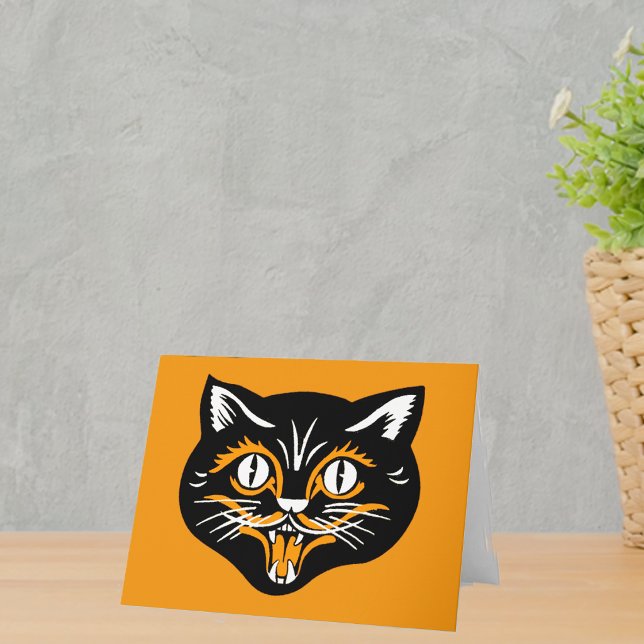 Carte Halloween Vintage Chat Face (Vintage Halloween smiling black cat face with orange and white accents on notecards.)