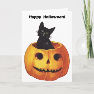Carte Halloween vintage, Chat noir mignon dans un Citrou