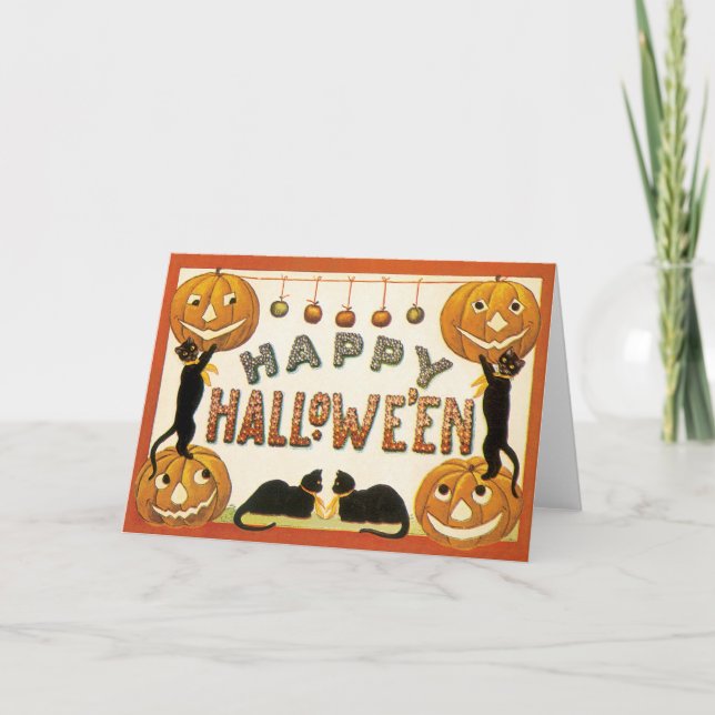 Carte Halloween vintage, Chats noirs avec Jackolanterns (Devant)