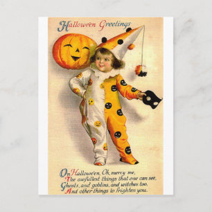Carte Halloween vintage Costumed Girl et Citrouill
