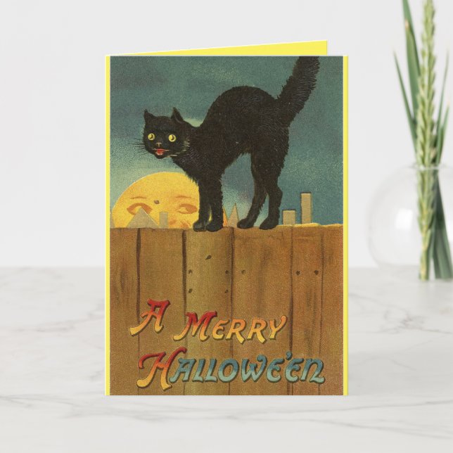 Carte Halloween vintage en chat noir (Devant)