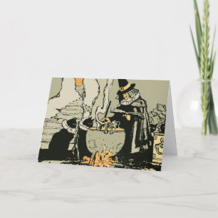 Carte Halloween vintage, sorcière avec Cauldron et Chats
