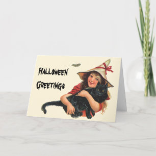 Carte Halloween vintage, Sorcière fille avec chat noir
