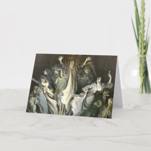 Carte Halloween vintage, violoniste squelette et fantôme