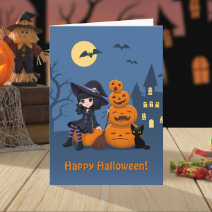 Carte Halloween Witch, Chat noir et Citrouille
