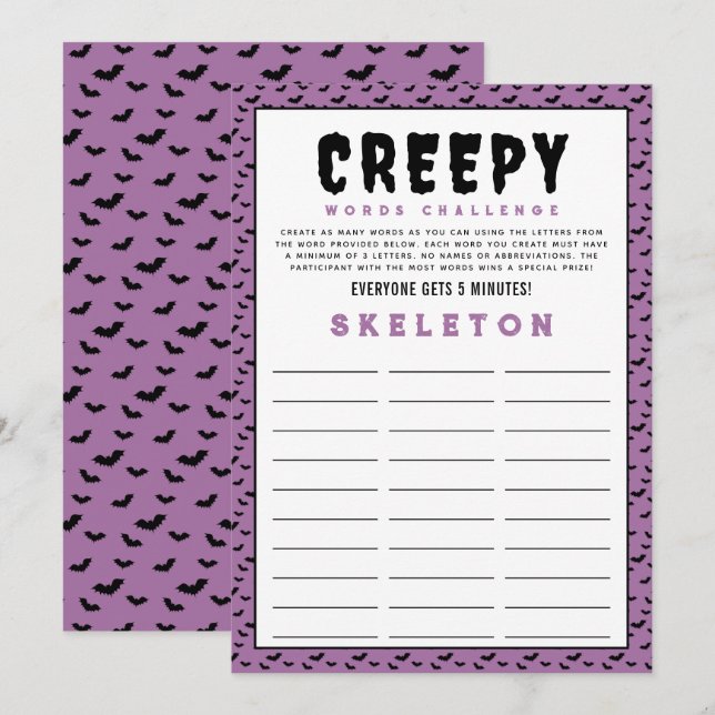 Carte Halloween Words Challenge Jeu | Jeux Word (Devant / Derrière)