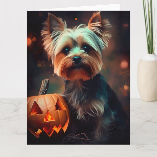 Carte Halloween Yorkshire Terrier Avec La Peur Citrouill (Devant)