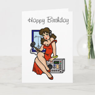 Carte Ham Radio Brunette Pin-up Girl Greeting Card