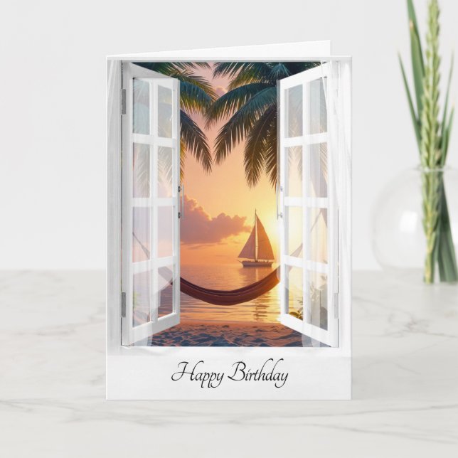Carte Hamac Anniversaire Avec Vue Océanique Dans La Fenê (Devant)